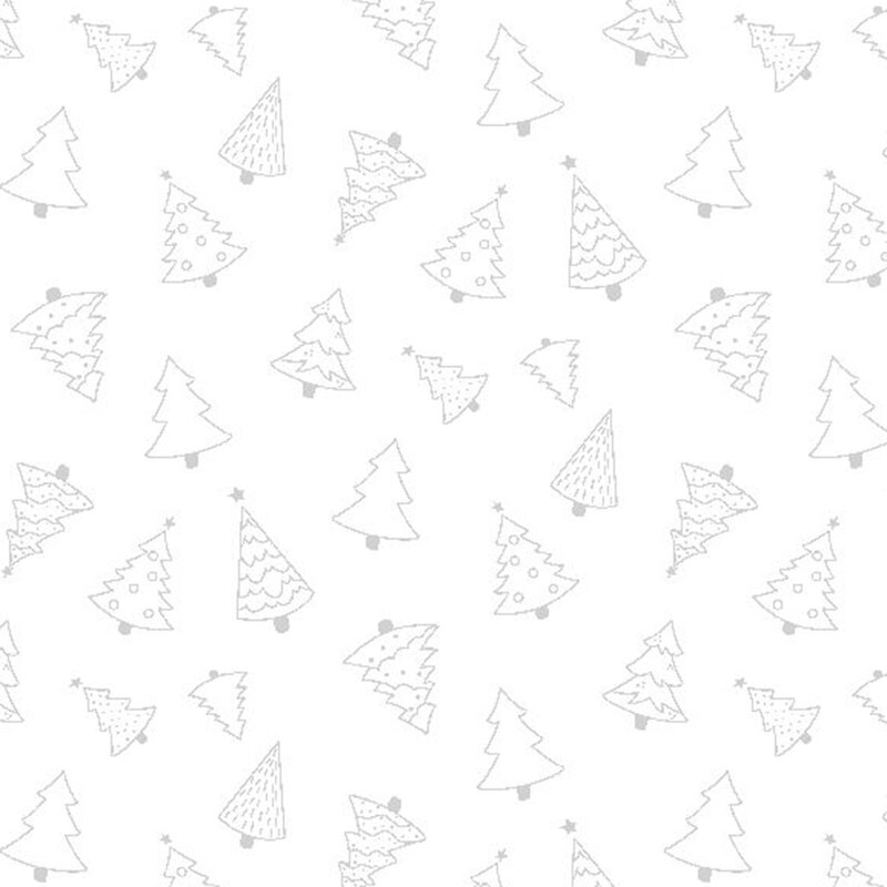 Gray outlines of Christmas trees scattered on a white background