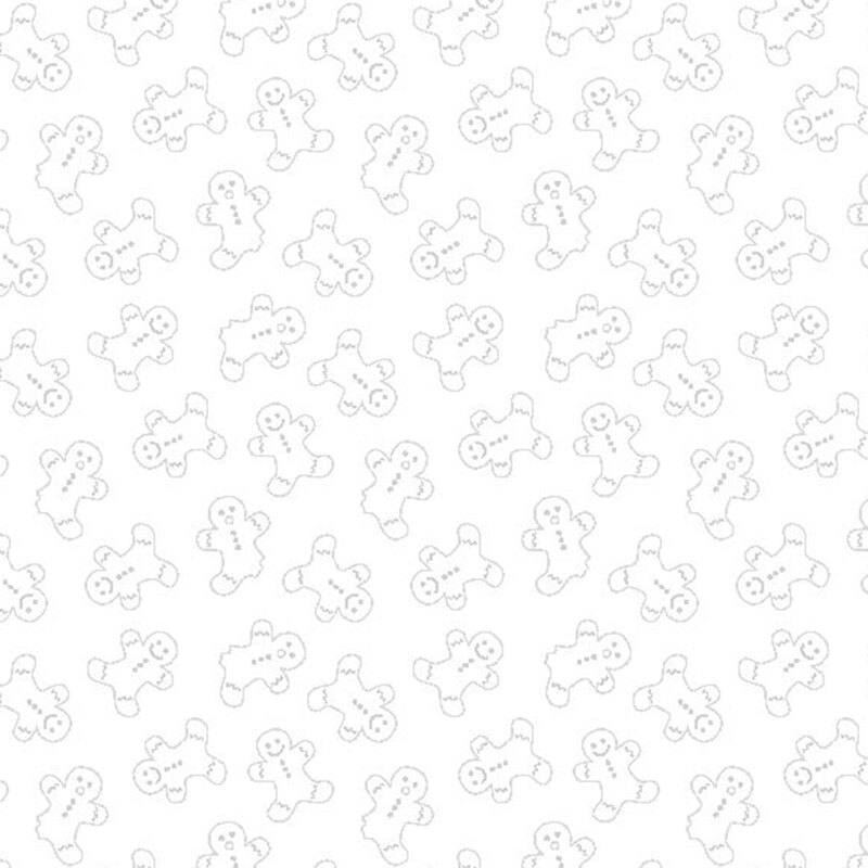 Gray outlines of gingerbread men scattered on a white background