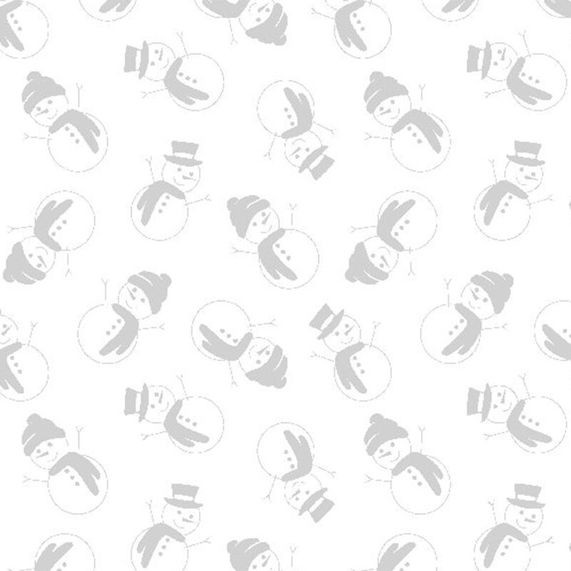 Gray outlines of snowmen wearing scarves and hats scattered on a white background