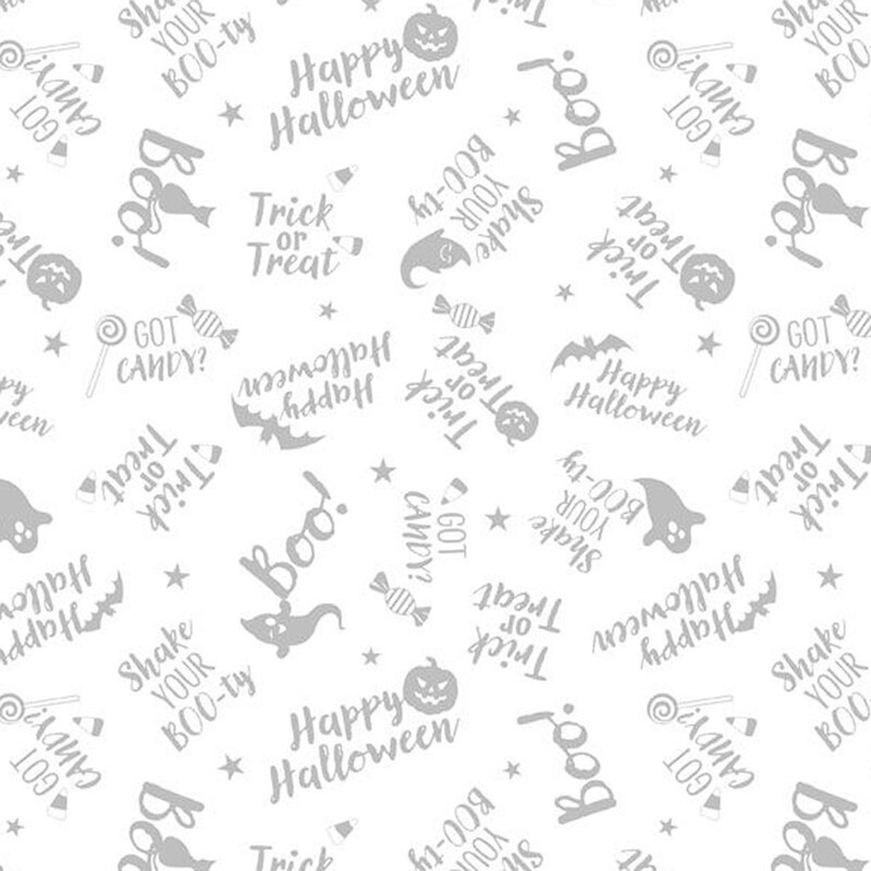 Repeating Halloween-themed text and icons in gray on a white background, including phrases like Boo! and Trick or Treat.