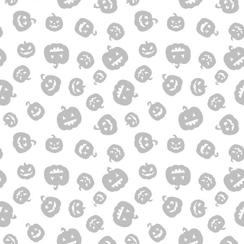 Repeating pattern of gray Halloween pumpkins on a light background, featuring various facial expressions.