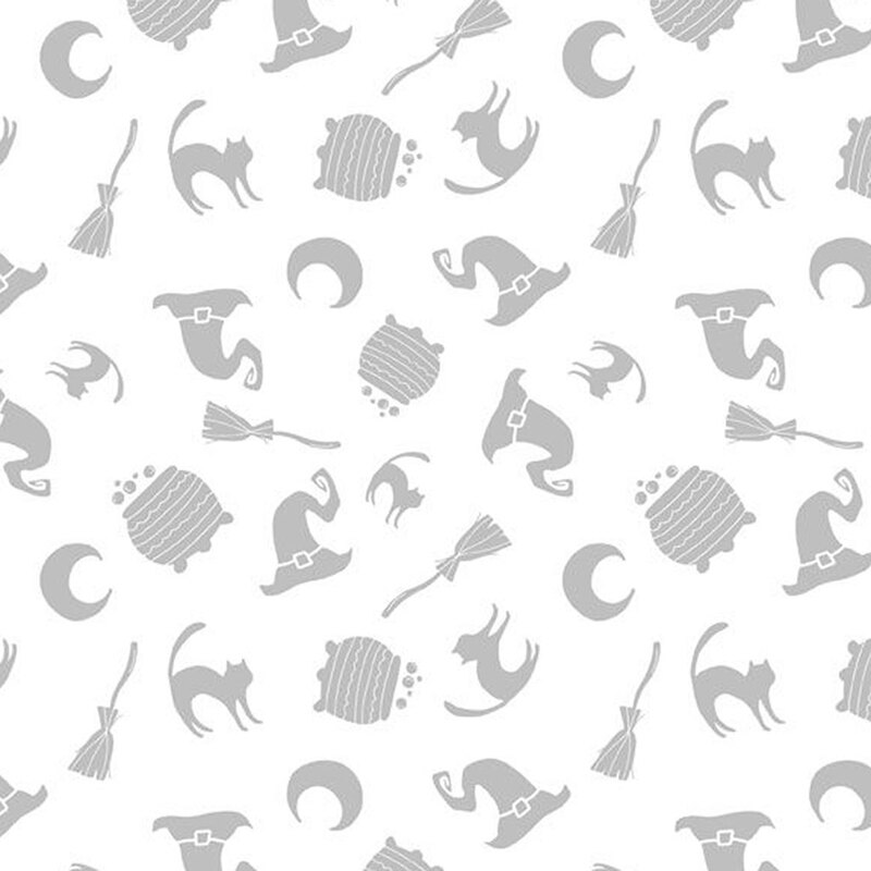 Gray and white pattern featuring witches' hats, broomsticks, cats, cauldrons, and crescent moons.