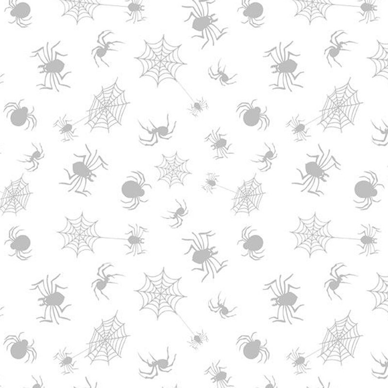 Pattern featuring gray spiders and spiderwebs against a white background.