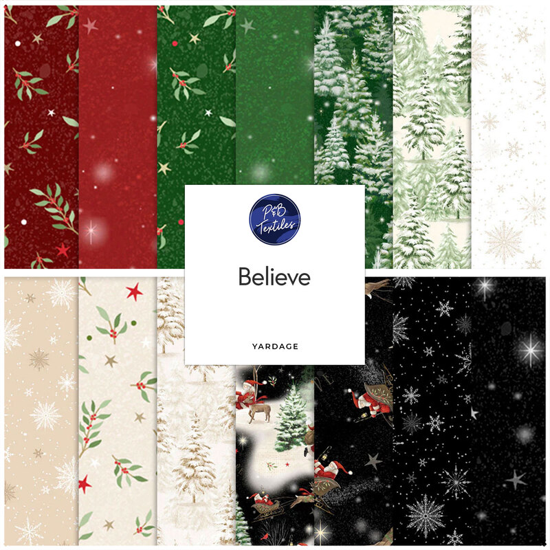 A collage of red, green, cream, and black Christmas fabrics included in the Believe fabric collection.