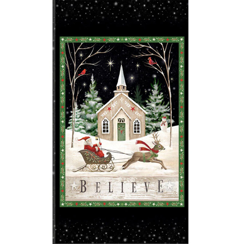 A black fabric panel featuring a reindeer pulling Santa in his sled in front of a church in a winter forest with the word 