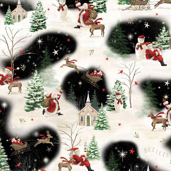 Multicolor cream and black fabric with various scenes of Santa and his reindeer in a winter forest.