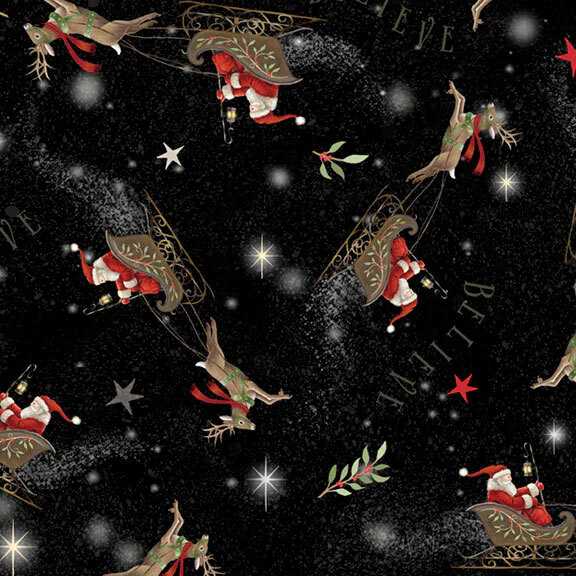 Black fabric with tossed Santas flying his sleigh with a reindeer on a starry background.