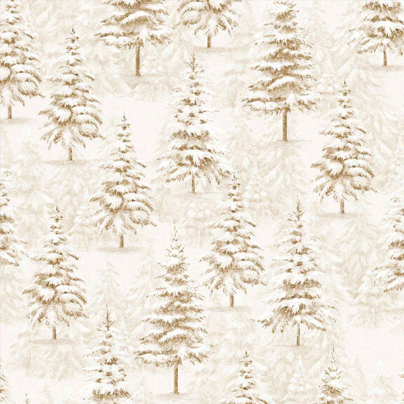 Cream fabric with a forest of snow-covered trees on a tonal tree background.