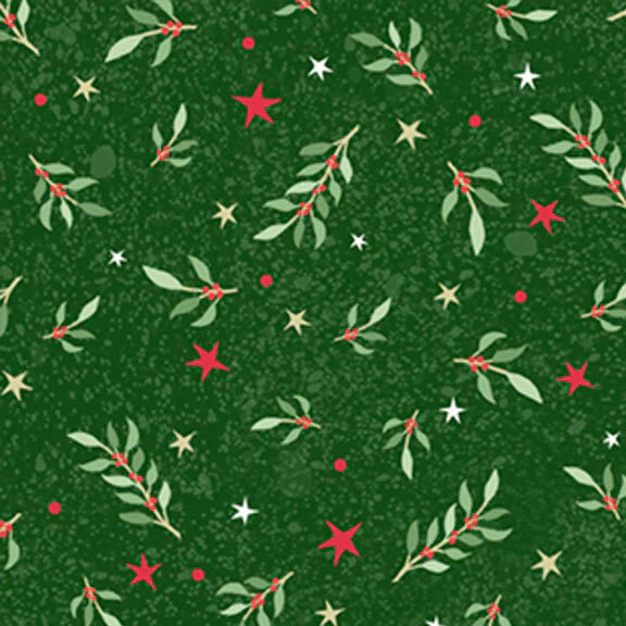 Green fabric with tossed stars, polka dots, and sprigs of mistletoe on a textured background.