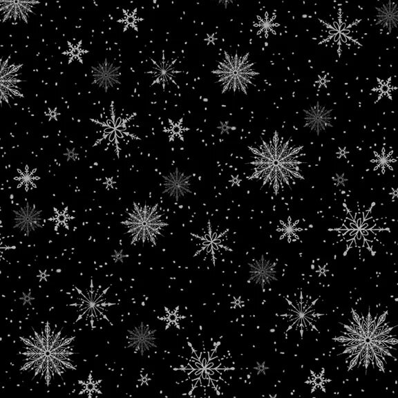 Black fabric with various sized unique snowflakes on a pinprick starry background.