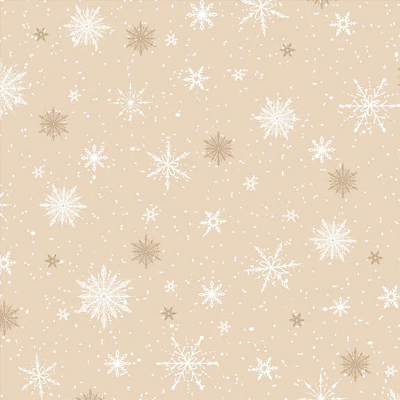 Light tan fabric with various sized unique snowflakes on a pinprick starry background.