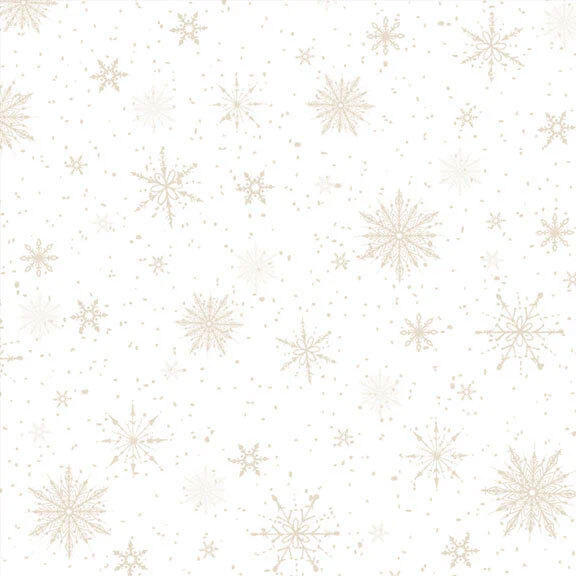 White fabric with various sized unique snowflakes on a pinprick starry background.