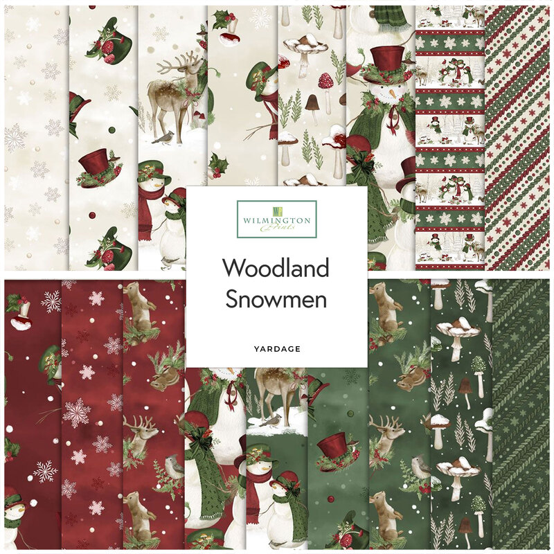 A stacked collage of fabric squares in red, cream, and green featuring woodland snowmen and festive patterns.