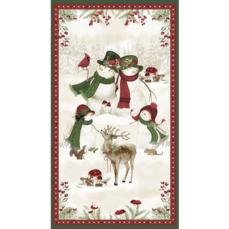 Fabric panel featuring snowmen, a deer, and winter elements in a festive outdoor scene.