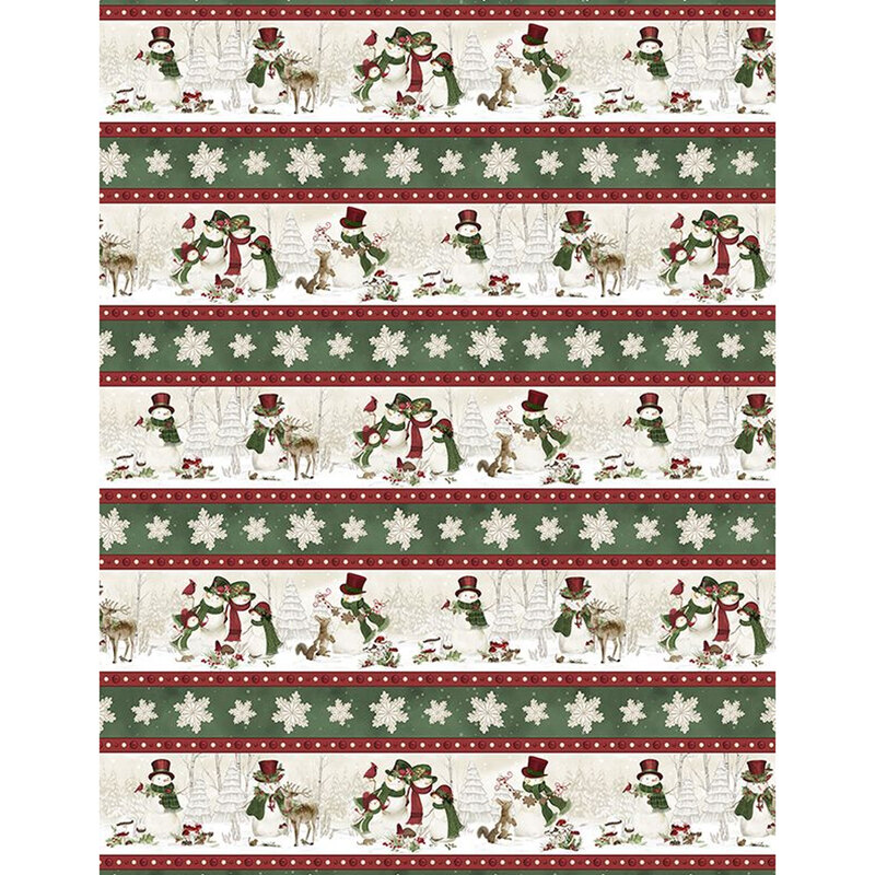 Border stripe fabric with holiday-themed snowmen, and animals on a festive green and cream striped background