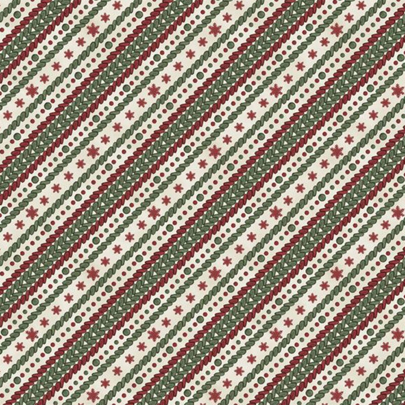 Diagonal fabric pattern featuring alternating red and green stripes, dotted lines, and star motifs.