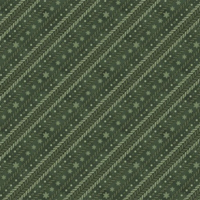 Textured green fabric featuring diagonal stripes with leaves and small floral designs.