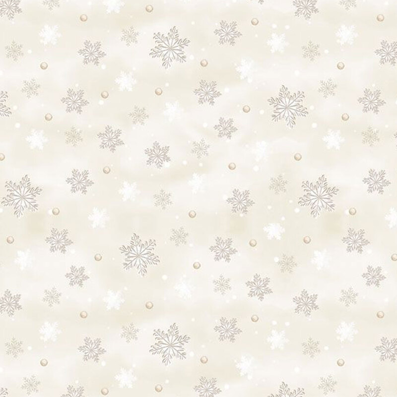 Light cream fabric with scattered snowflakes and soft polka dot pearls.