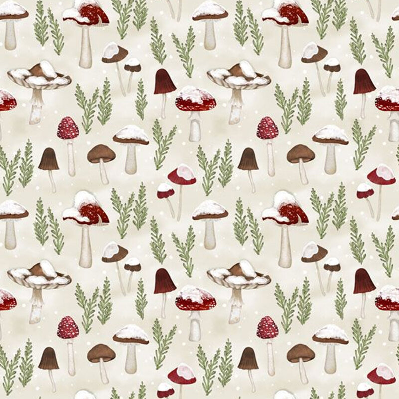 A fabric featuring various mushrooms and green ferns on a light cream background.