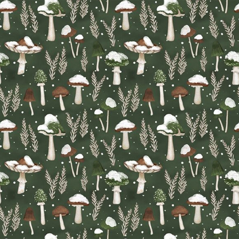 A fabric featuring various mushrooms and leaves on a dark green background.