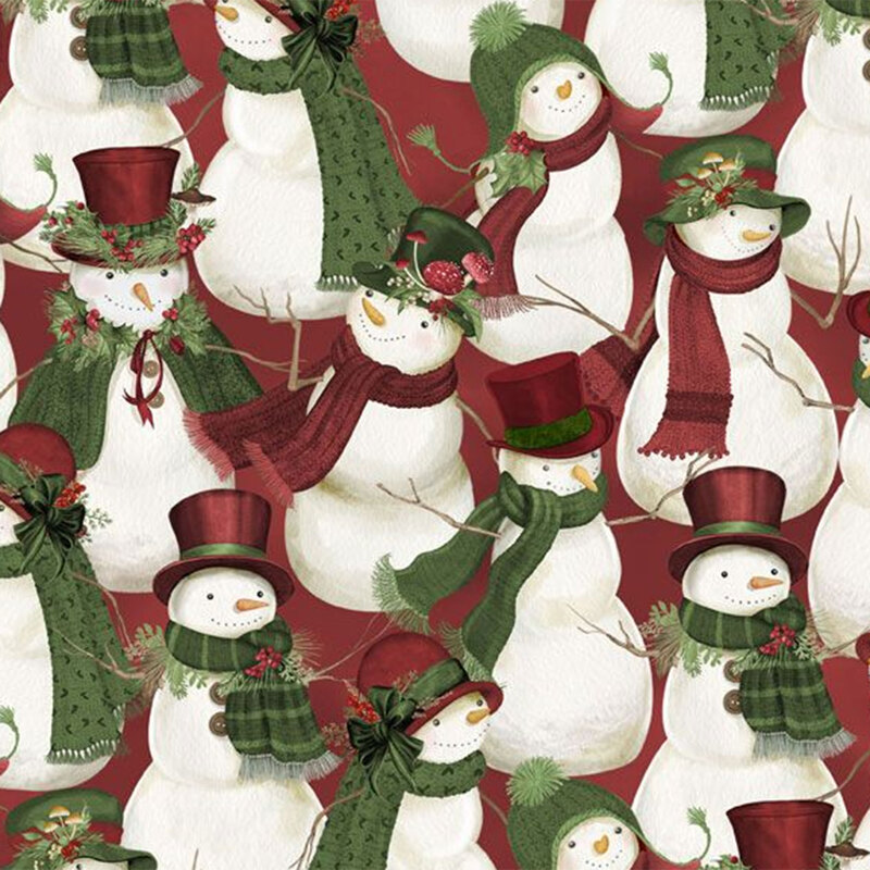 A fabric featuring a winter pattern of snowmen wearing hats and scarves, adorned with winter greenery.