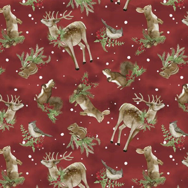 Fabric pattern featuring deer, rabbits, squirrels, and birds among foliage on a red background.