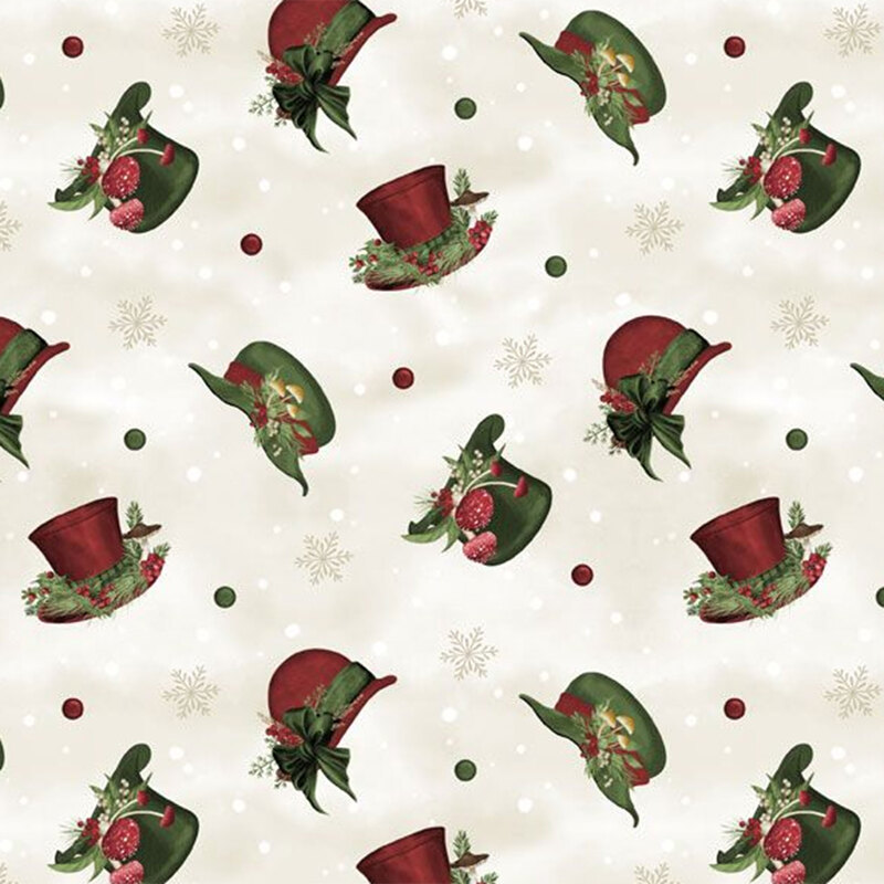 A festive pattern featuring snowman hats adorned with holly and flowers, on a light cream background with snowflakes.