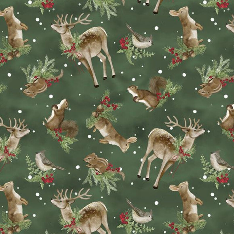 A fabric pattern featuring deer, rabbits, squirrels, and birds amid greenery and snowflakes on a forest green background.