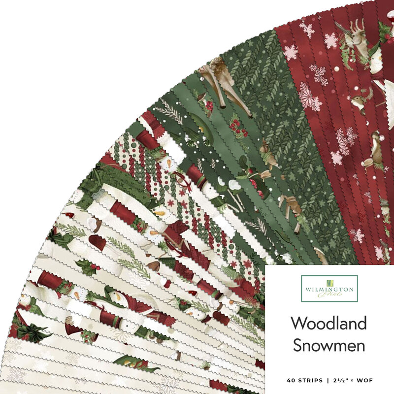 A fanned collage of fabric squares in red, cream, and green featuring woodland snowmen and festive patterns.