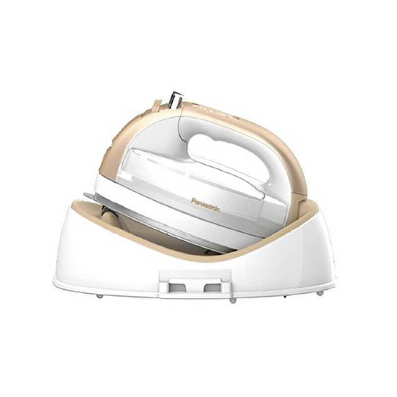 The Cordless Advanced Ceramic Quilting Iron - Gold on its rest, isolated on a white background.