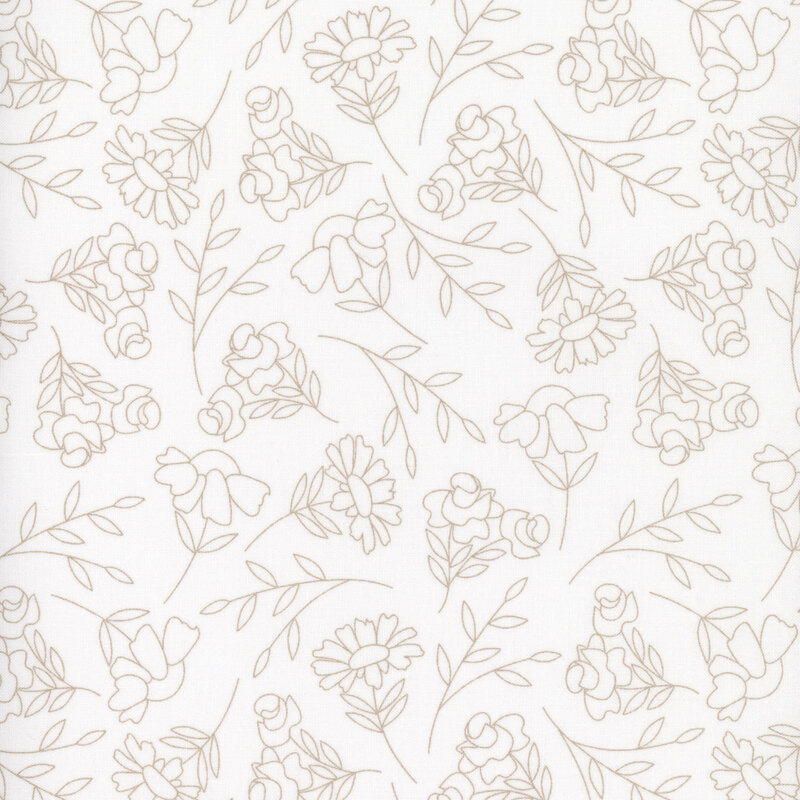 Floral pattern featuring light brown outlines of various flowers and leaves on a white background.