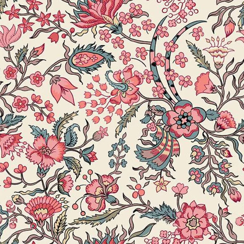 Cream fabric with a detailed blue, pink, butter yellow, and khaki green pattern of tapestry florals.