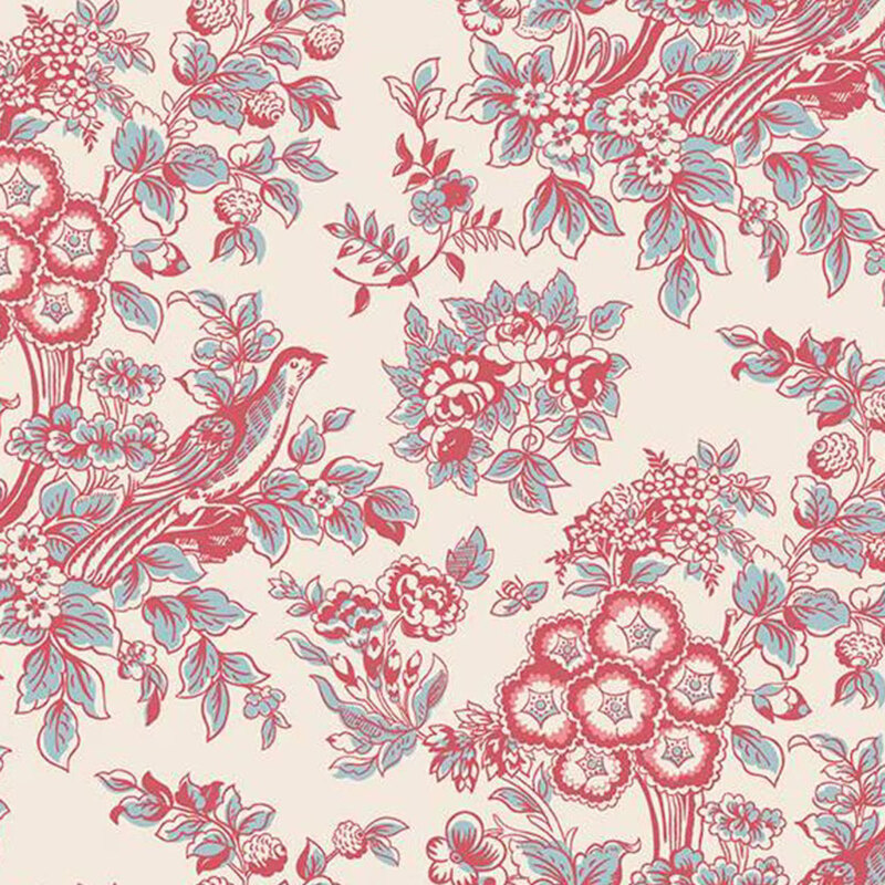 Cream fabric with pink and powder blue birds and Jacobean florals.