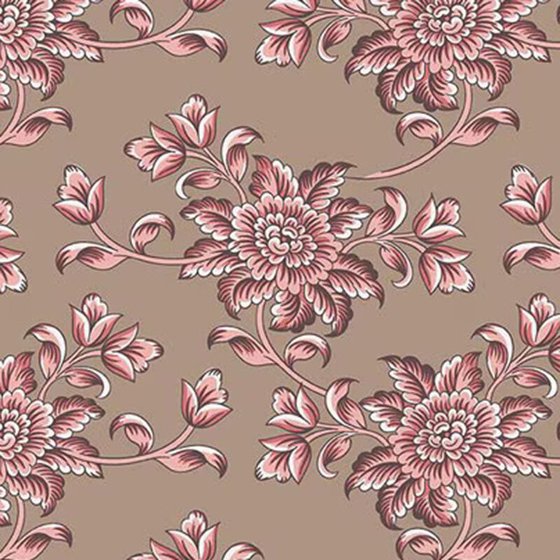 Dusty brown fabric with large pink and white tapestry florals and leaves.