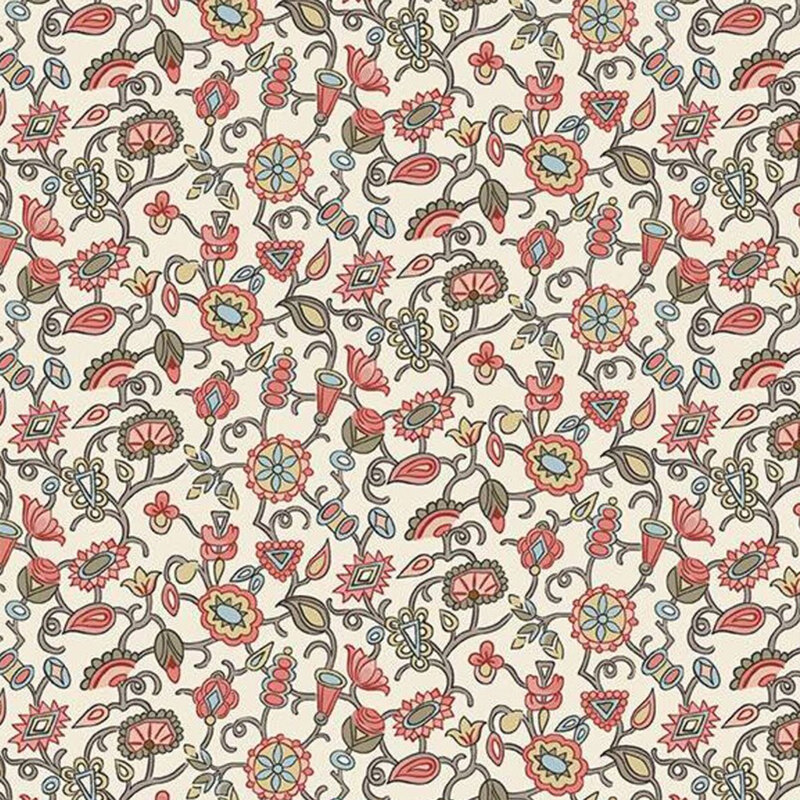 Cream fabric with a multicolor chintz floral pattern.