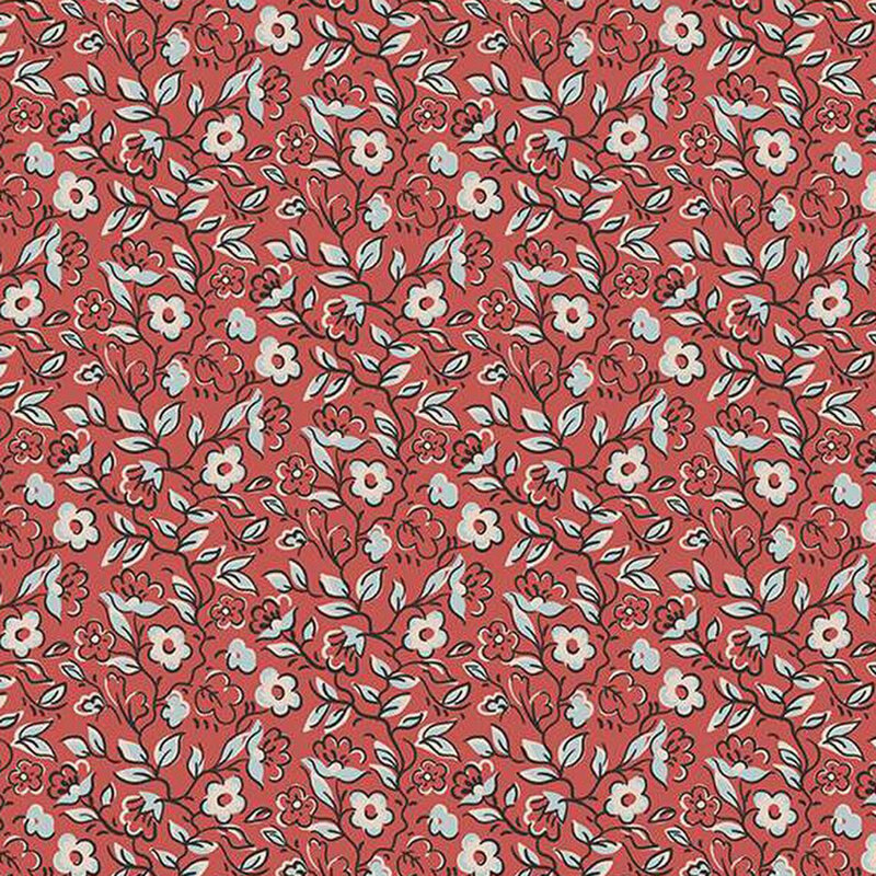 Brick red fabric with a swirling floral pattern in powder blue and cream.