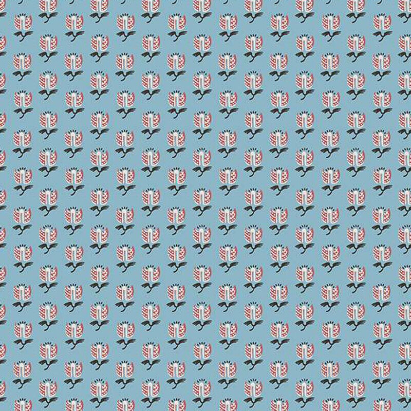 Dusty sky blue fabric with small tapestry florals in pink and white.