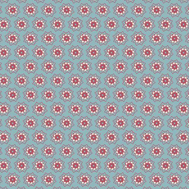 Dusty blue fabric with rows of ornate pink and white flowers.