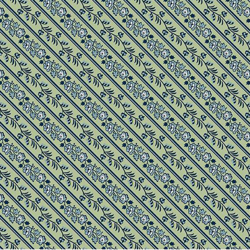 Sage green fabric with dusty blue diagonal stripes of flowers and vines.