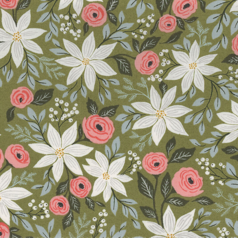 Sage green fabric with white poinsettias, pink flowers, and blue leaves and holly berries.