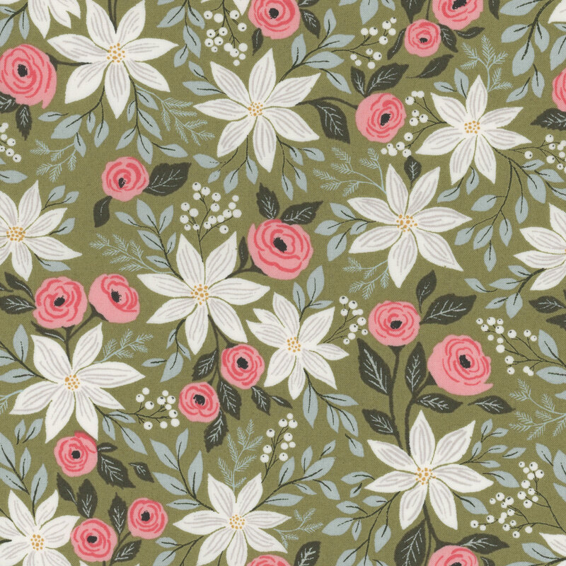 Sage green fabric with white poinsettias, pink flowers, and blue leaves and holly berries.