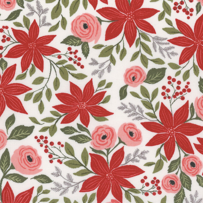 White green fabric with red poinsettias, pink flowers, and green leaves and holly berries.