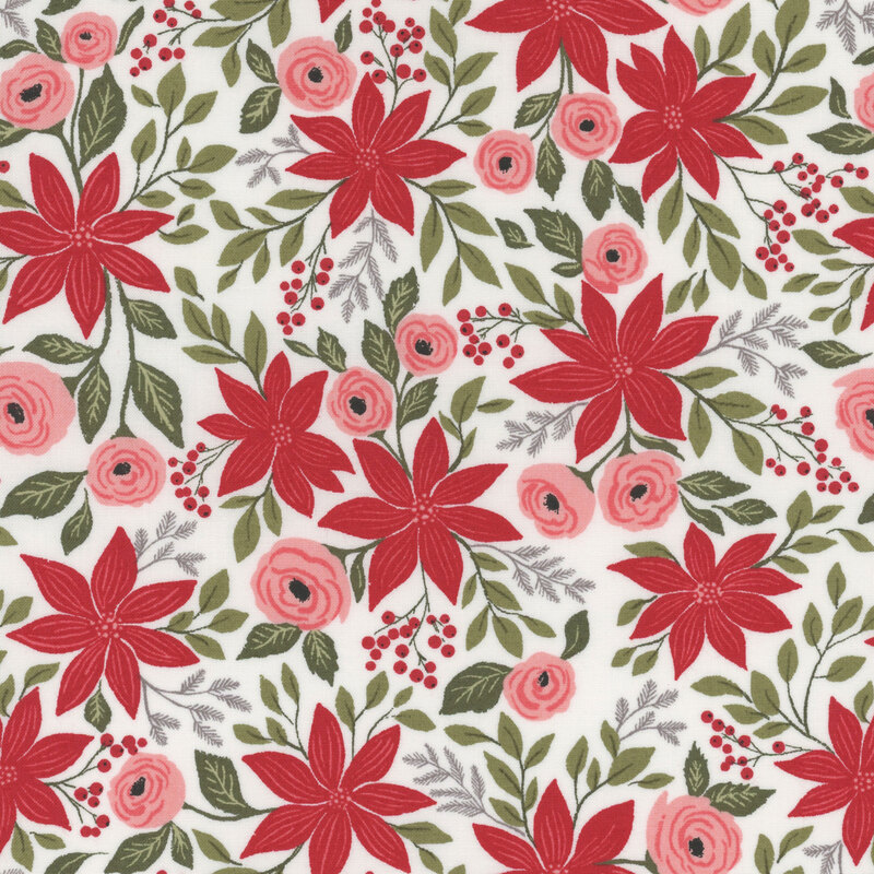 White green fabric with red poinsettias, pink flowers, and green leaves and holly berries.