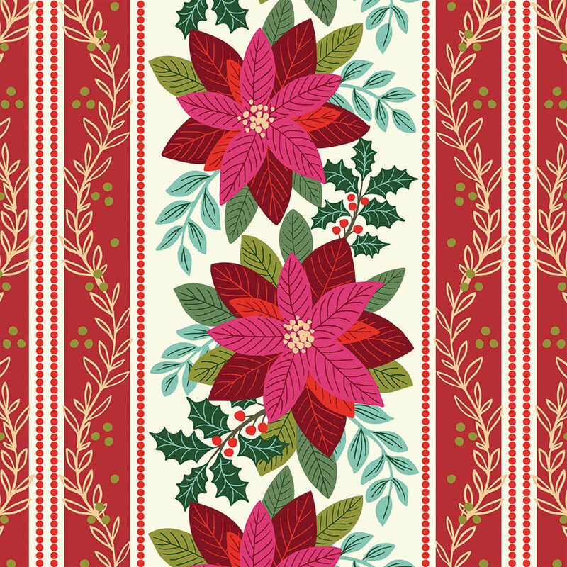 Colorful floral pattern featuring pink poinsettias, green leaves, and decorative tan stripes on a white background.