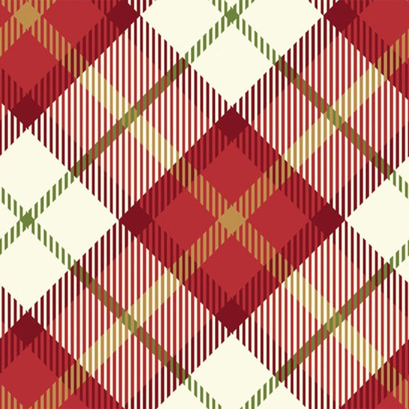 Cream and red plaid fabric with green accents throughout