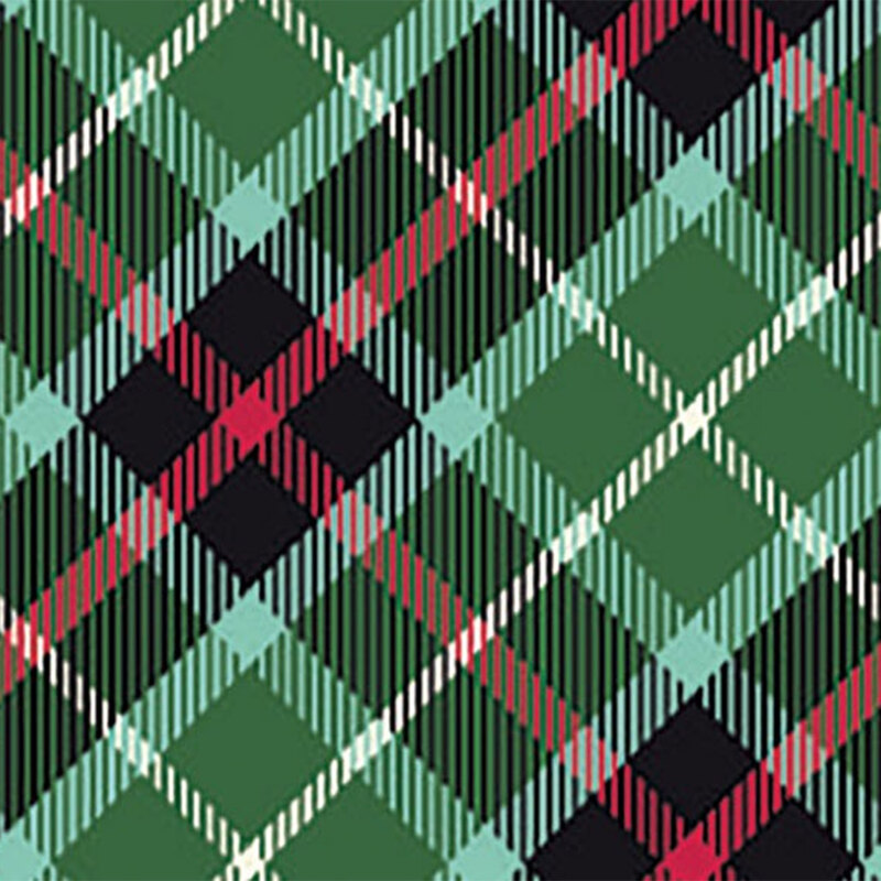 Green and black plaid fabric with red accents