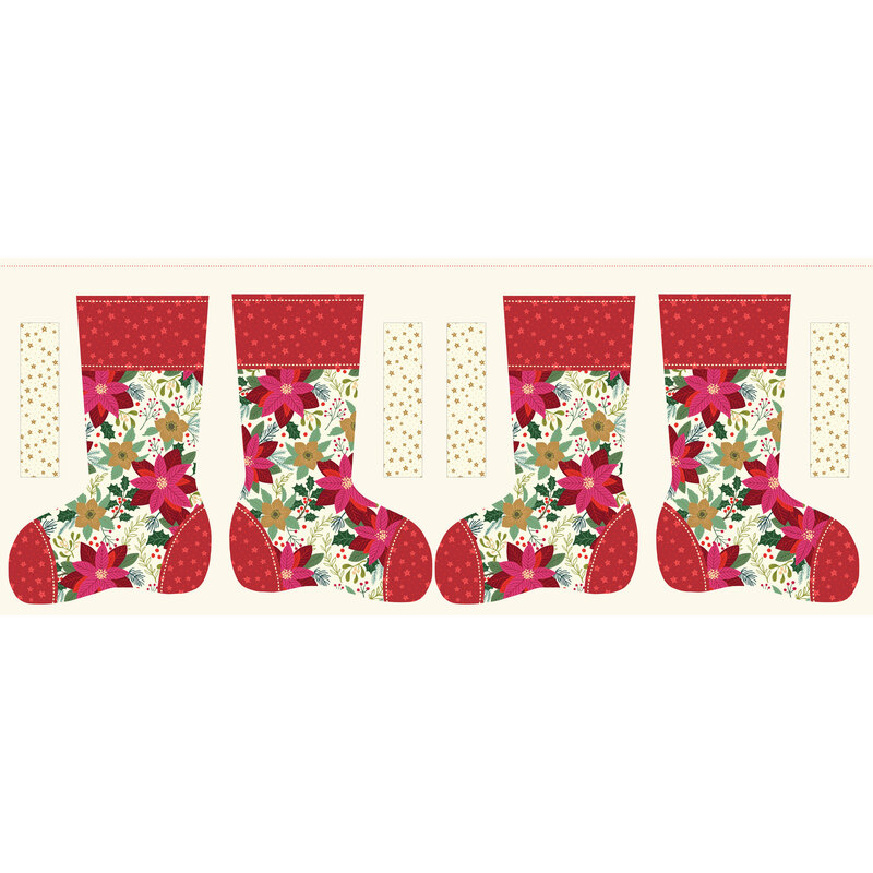 Fabric panel featuring two pairs of Christmas stockings on a cream background