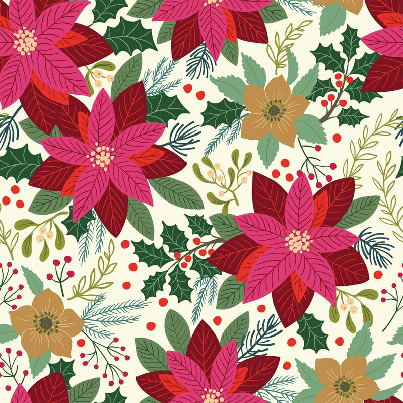 Floral pattern featuring pink and red poinsettias, holly, and green leaves on a cream background.