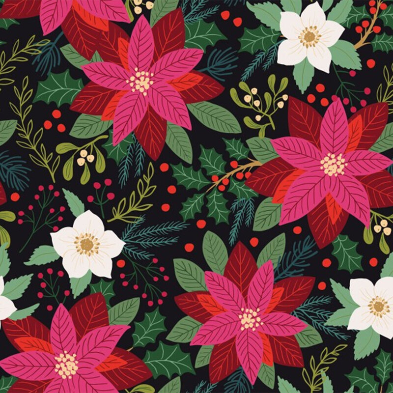 Floral pattern featuring pink and white poinsettias, holly, and green leaves on a dark background.