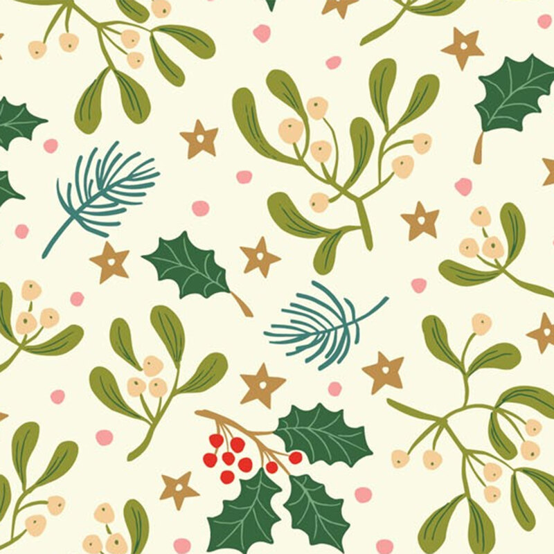 Tossed green leaves, berries, stars, and pink polka dots on a cream background